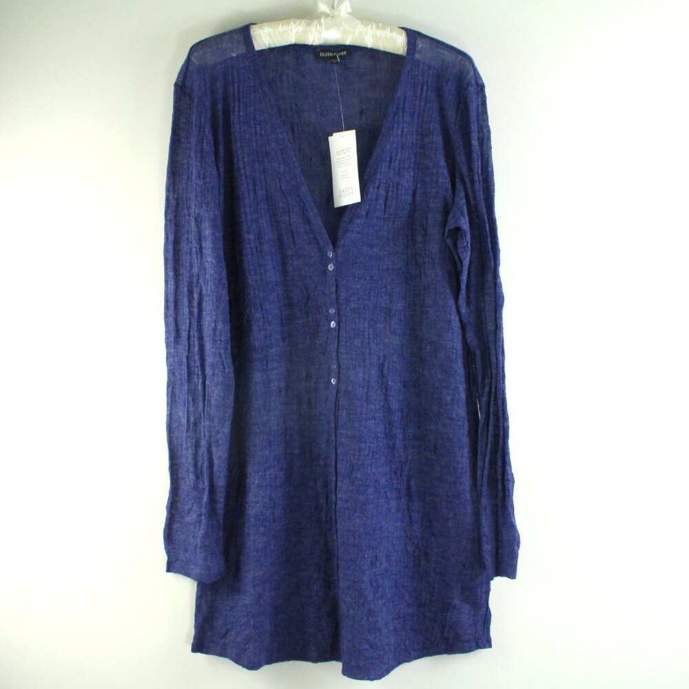 Eileen Fisher Variegated Rib Crush Sapphire V-Neck Slim Cardigan Sweater XL NWT